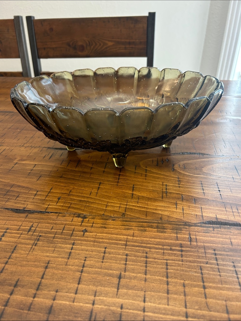 Indiana Glass Olive Green Scalloped Glass Footed Bowl